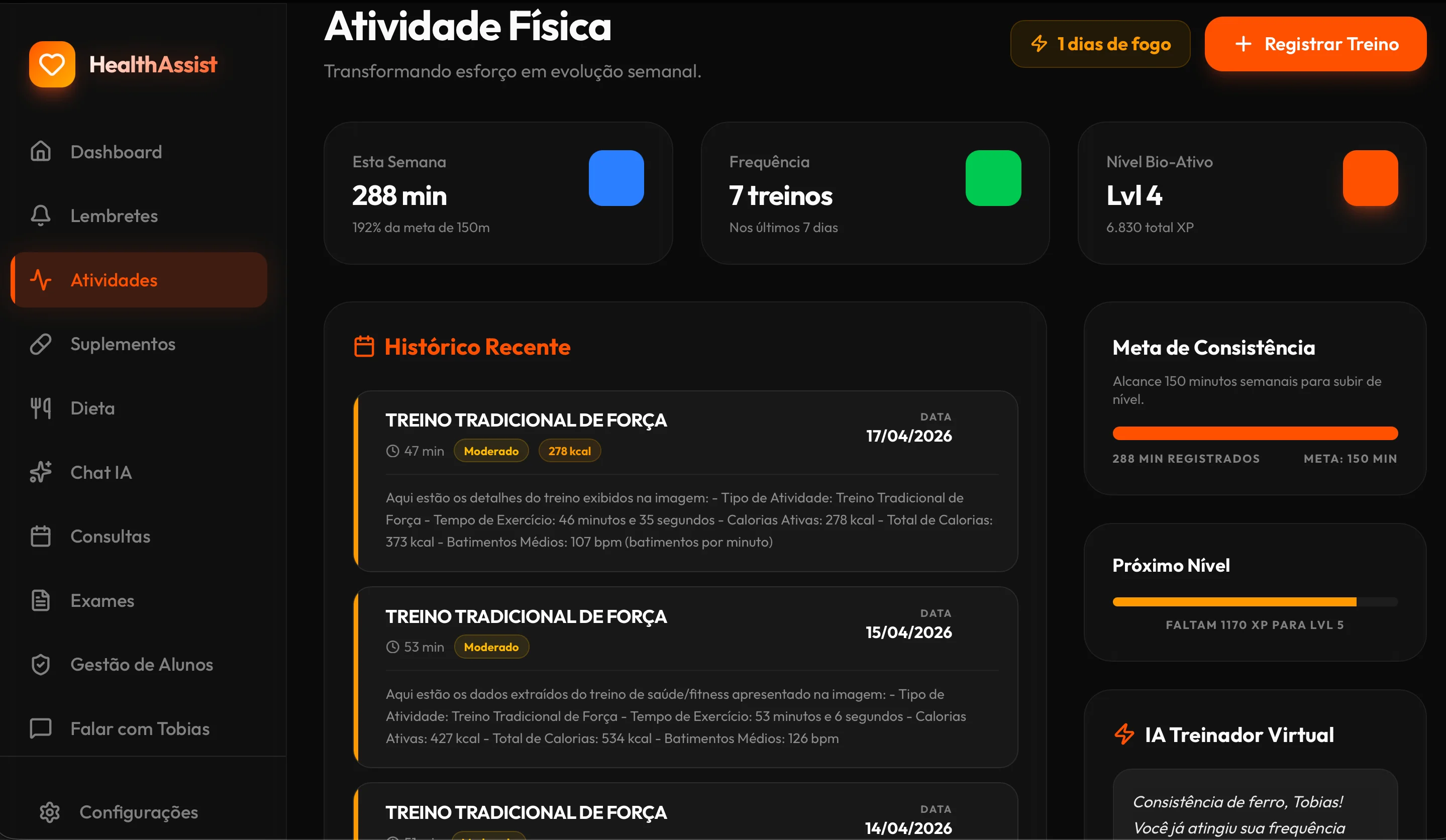 Dashboard HealthAssist — Atividade Física e histórico de treinos